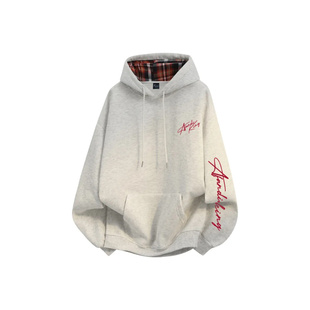 阿凡D美式 带帽落肩秋冬套头加绒加厚格纹连帽卫衣 高街休闲长袖