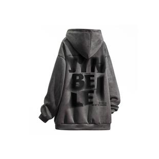 金贝勒美式高街模糊字母印花宽松百搭连帽麂皮绒卫衣帽衫秋冬加厚