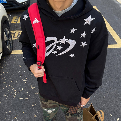 美式高街星星毛绒绣连帽卫衣