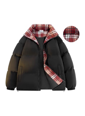 Warrio回立格纹拼接领口撞色设计立领面包棉服棉袄外套冬季男女