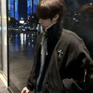 黑色美式高街十字架座山雕外套棉服男款冬季加厚痞帅毛领棉衣夹克