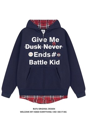 亿万少年BUF美式复古U假两件格子拼接连帽卫衣秋季国潮牌情侣外套