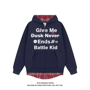 亿万少年BUF美式 国潮牌情侣外套 复古U假两件格子拼接连帽卫衣秋季