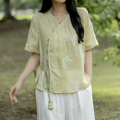 园园美衣2026夏季新款国风复古苎麻衬衫重工刺绣新中式轻薄小衫女