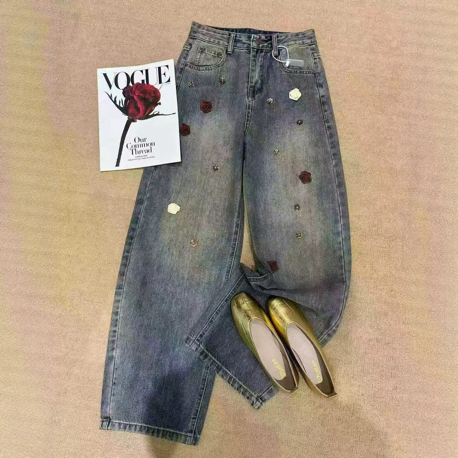 园园美衣新中式国风女装重工花朵钉珠牛仔裤女春秋复古百搭弯刀裤图片