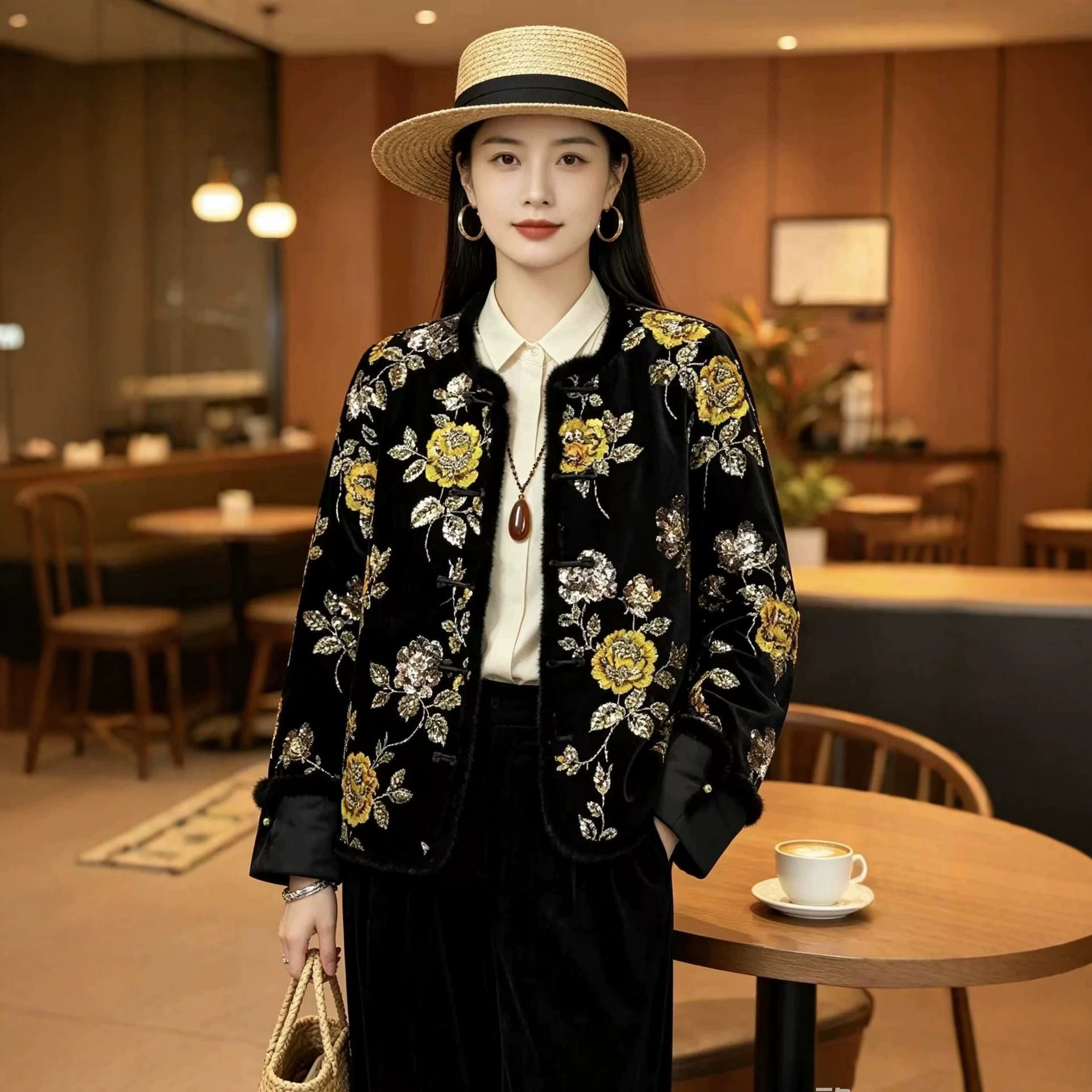 园园美衣风女装丝绒重工刺绣钉珠亮片加棉外套复古轻奢高级感棉衣图片