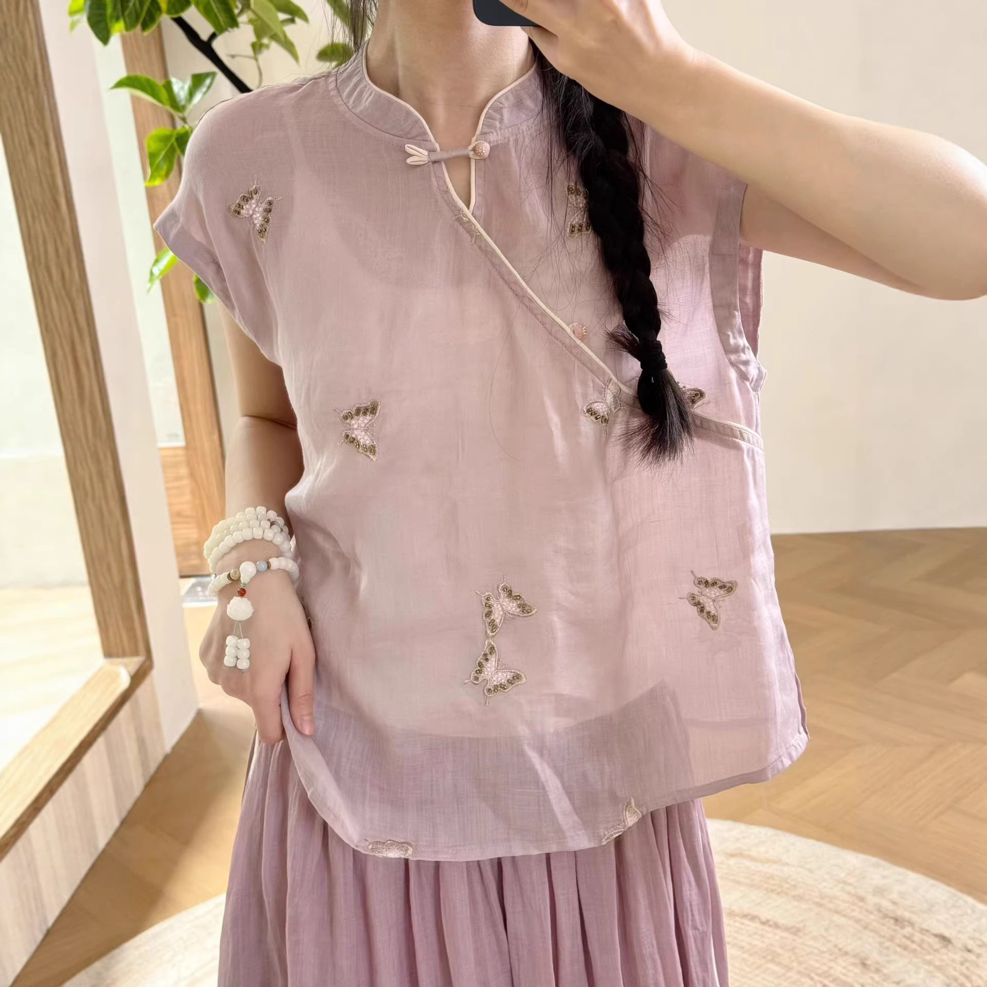 园园美衣季短袖衬衫女薄款刺绣T恤衫休闲宽松小衫新中式国风衬衣