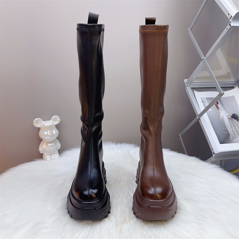 真皮长靴子10cm厚底小个子长筒靴