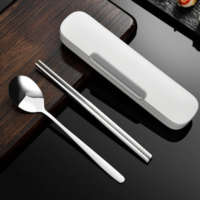 日本便携餐具食品级不锈钢筷子勺子套装学生三件套收纳盒一人装用
