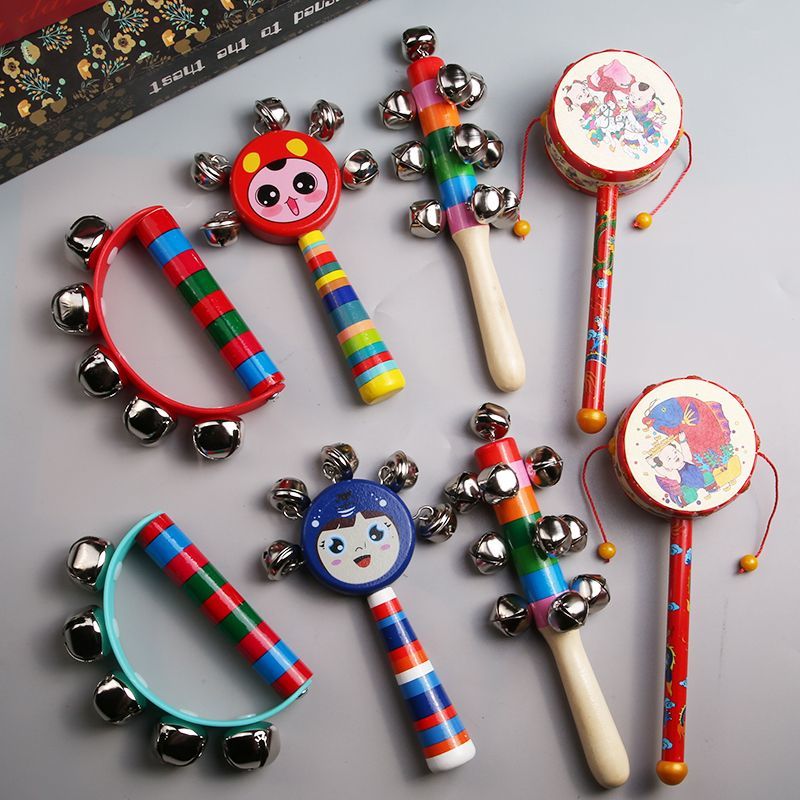 新生儿童羊皮传统拨浪鼓木质宝宝摇铃鼓男孩女孩木制串铃婴儿玩具