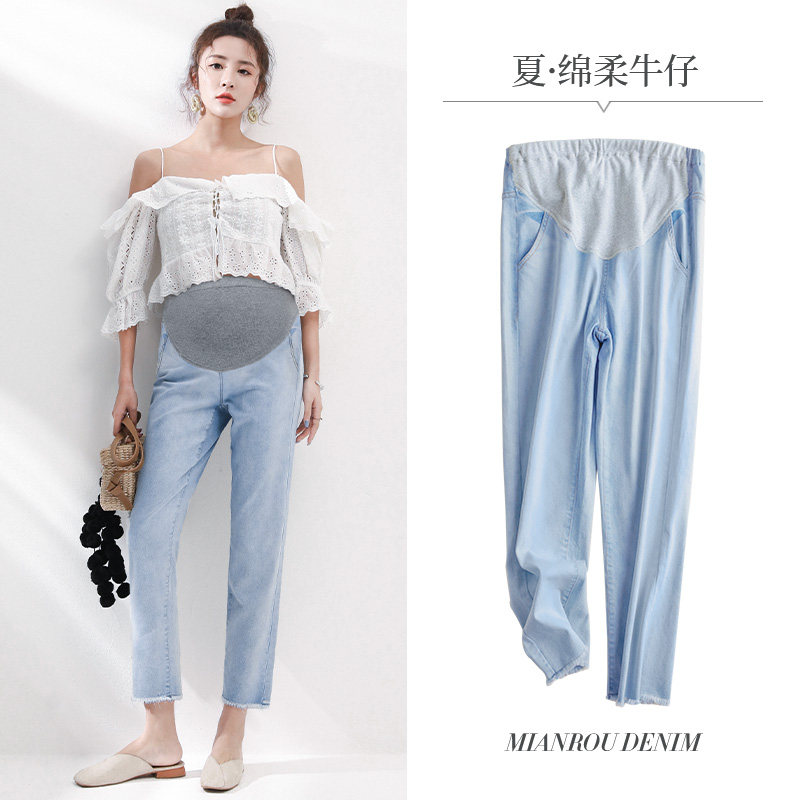 孕妇裤九分弹力牛仔裤春夏薄款直筒阔腿裤夏季裤子宽松老爹裤托腹