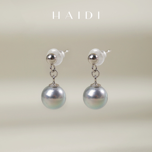 7.5mm银灰色海水Akoya珍珠耳环银耳线◇ 风在吹7 海蒂珠宝 蓝风铃