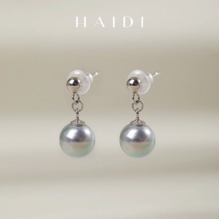 海蒂珠宝 蓝风铃 风在吹7-7.5mm银灰色海水Akoya珍珠耳环银耳线◇