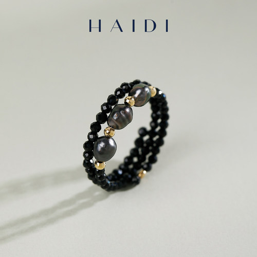 海蒂珠宝 月魄 4-5mm深海大溪地keshi双层弹力设计正品戒指18K金