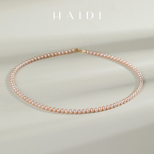 海蒂珠宝 薄雾玫瑰 4-4.5mm粉紫色淡水珍珠项链 18K金串链礼物女