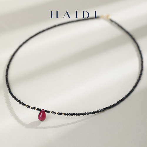 海蒂珠宝 朱砂痣 6-7mm红宝石项链女 18K金尖晶石锁骨链礼物正品