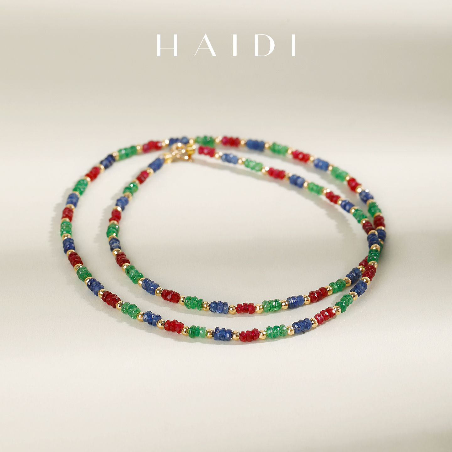 海蒂珠宝 生生世世 2-3mm红宝石沙弗莱蓝宝石彩宝项链18k礼物正◇