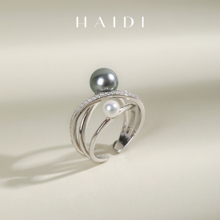 9mm海水akoya珍珠深海大溪地双珠戒指S925银◇ 4.5 海蒂珠宝 耀环