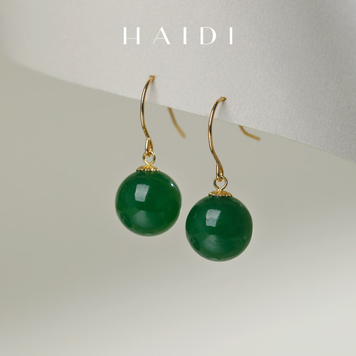 海蒂珠宝 锦玉 9-10mm菠菜绿碧玉耳坠 18K金彩宝耳饰端庄大气女◇