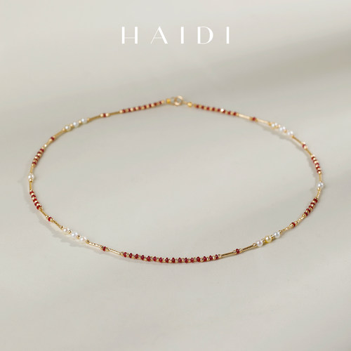 海蒂珠宝 金纱玫瑰 海水Akoya珍珠+红宝石锁骨项链 18K金原创设计