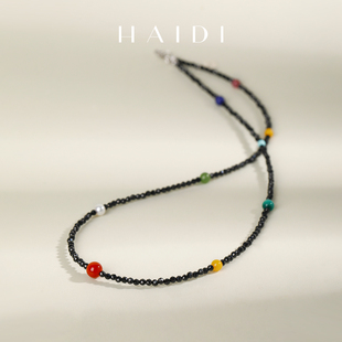 S925银 海蒂珠宝 5mm黑尖晶石多宝项链 多彩项链◇ 多宝