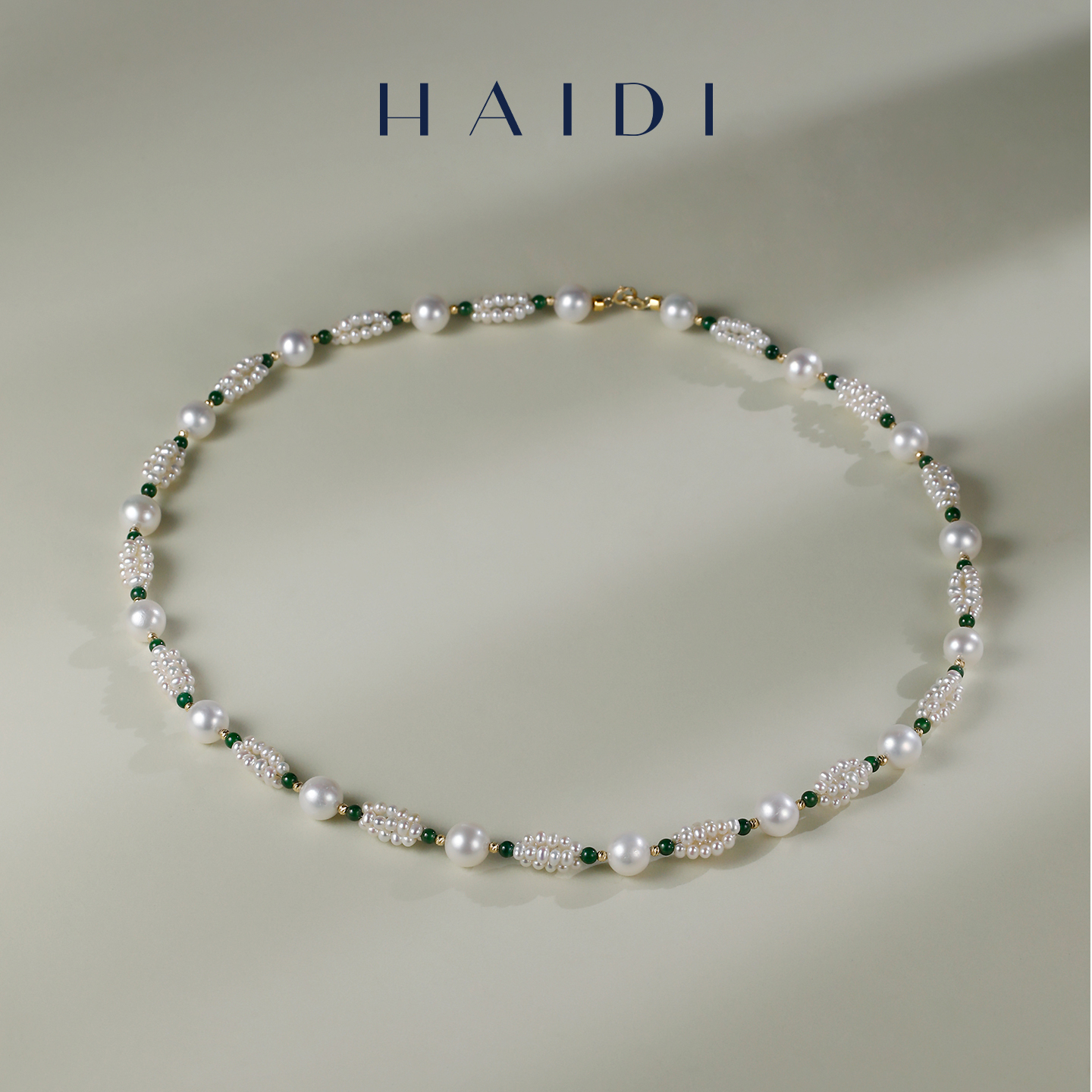 海蒂珠宝【双十二新品】伊莎贝拉2-8mm淡水珍珠翡翠编织项链18K金