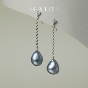 ◇ 8mm深海大溪地黑珍珠耳环18K金钻石耳环正品 海蒂珠宝 灵月约6