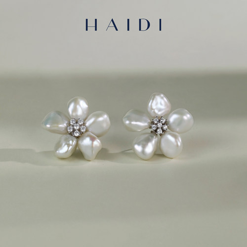 海蒂珠宝   夏花 9-10mm淡水珍珠花朵耳饰 S925银镶锆 送礼好物女