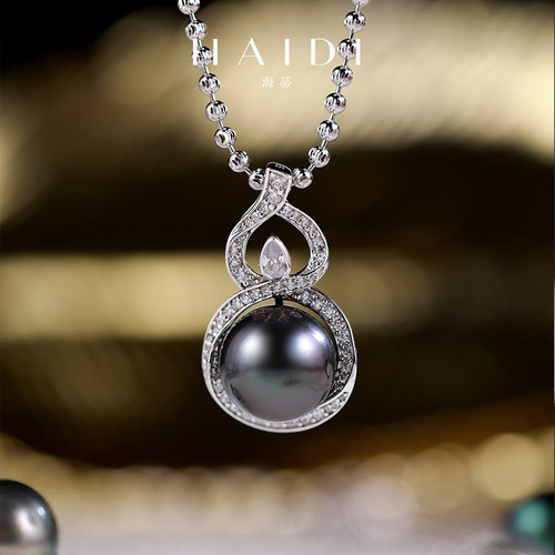 海蒂珠宝 福气满满 11-12mm大溪地珍珠葫芦吊坠女 S925银项链◇