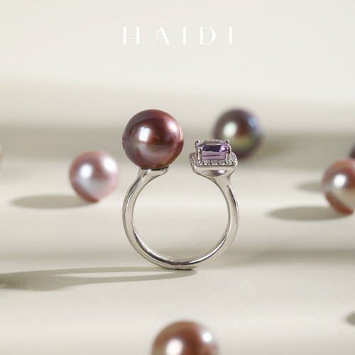 海蒂珠宝 烟霞 10-11mm正圆妖紫色淡水珍珠戒指 S925银紫水晶