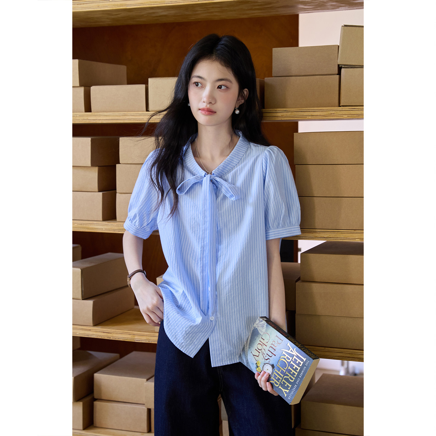 弥古蓝色条纹纯棉衬衫女短袖法式蝴蝶结绑带上衣2026夏季新款衬衣