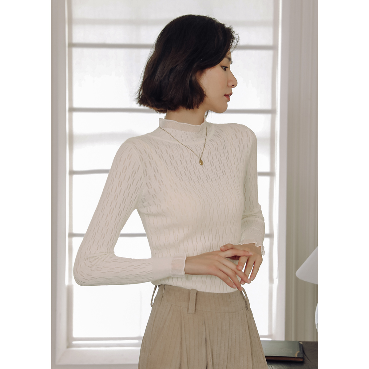 弥古半高领法式网纱蕾丝打底衫白色内搭针织衫女秋冬黑色显瘦上衣