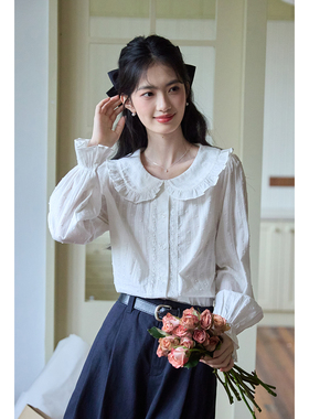 弥古白色娃娃领法式衬衫上衣女新款秋冬内搭长袖纯棉泡泡袖衬衣