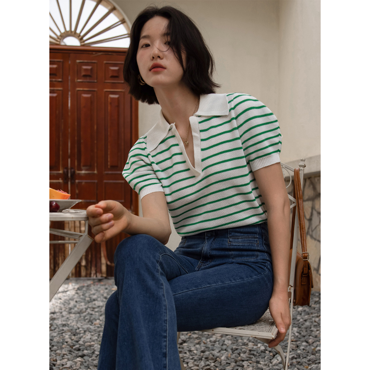 弥古条纹短袖t恤女夏法式泡泡袖针织衫高级感v领休闲polo上衣修身