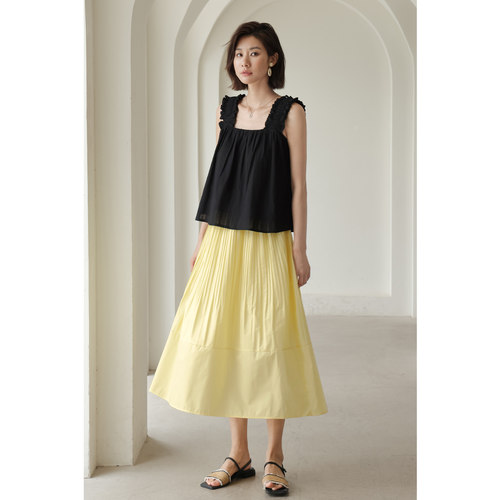 黄色百褶a字半身裙女法式