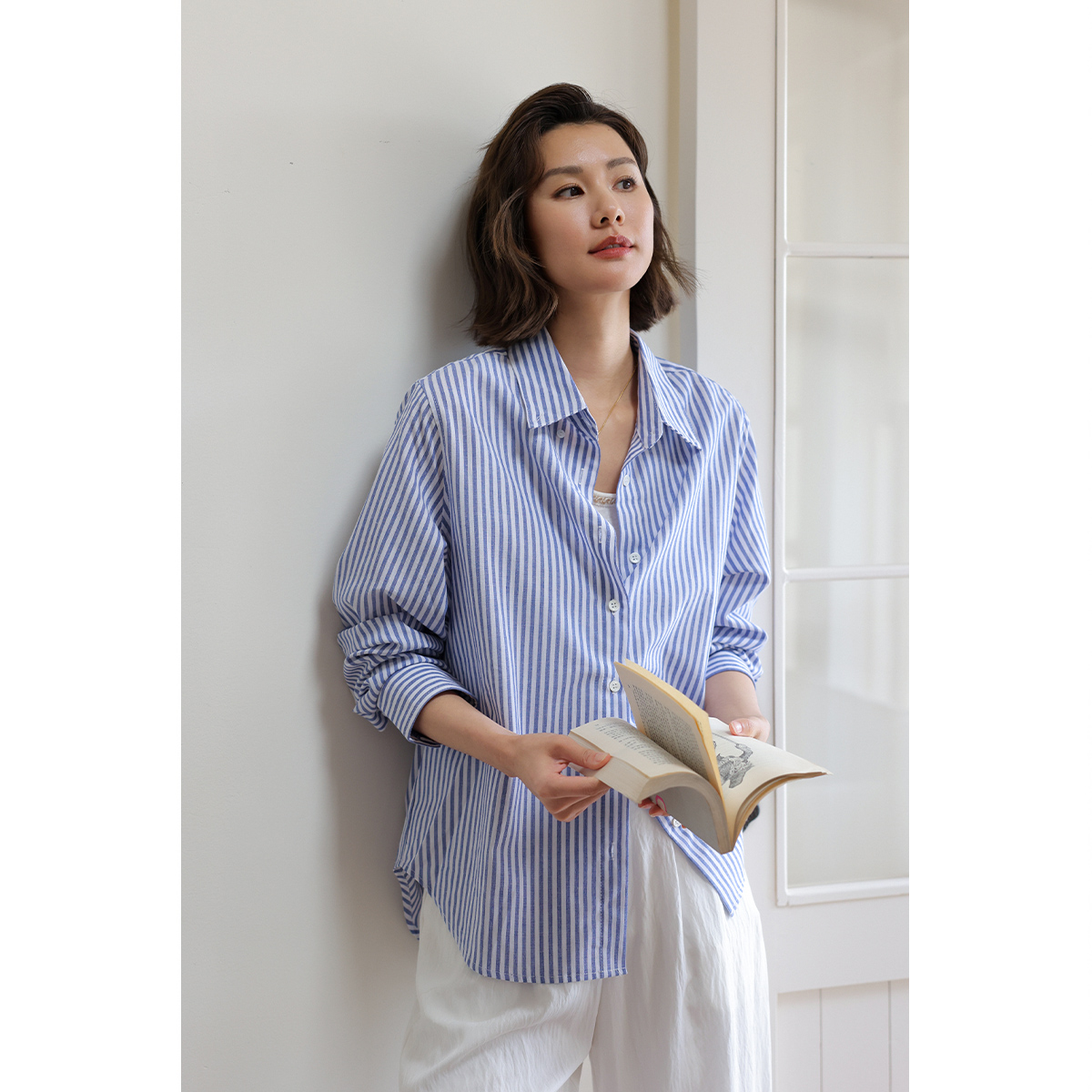 【含亚麻】弥古蓝色条纹衬衫女长袖打底内搭衬衣上衣2025春秋外套