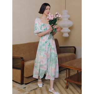 弥古波西米亚度假连衣裙水墨扎染雪纺长裙女夏三亚沙滩裙海边裙子