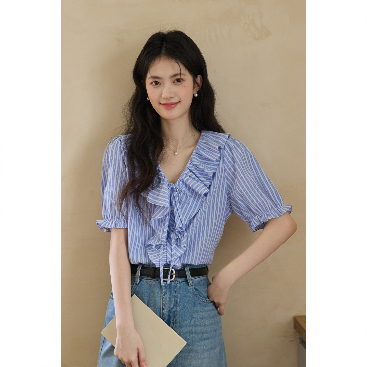 弥古蓝色条纹短袖衬衫女上衣2026夏季新款宽松法式荷叶边娃娃衬衣