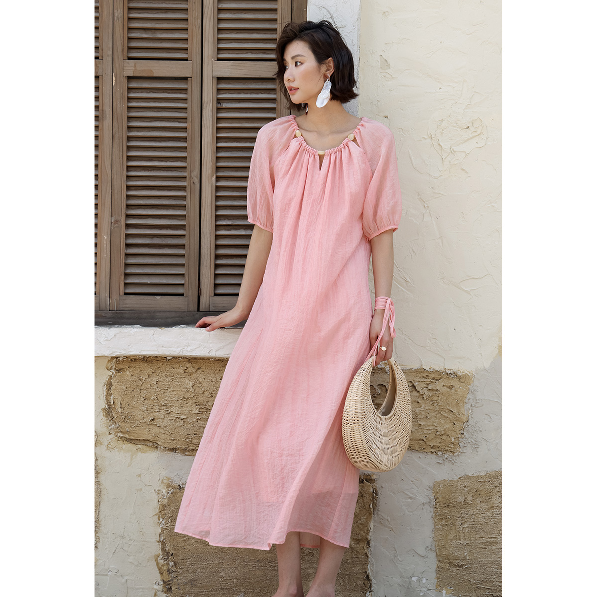 弥古法式粉色天丝薄纱连衣裙女夏季泡泡袖宽松长裙海边度假沙滩裙