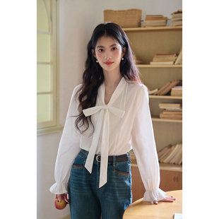 弥古法式蝴蝶结白色衬衫女气质内搭纯棉衬衣春季正肩打底长袖上衣