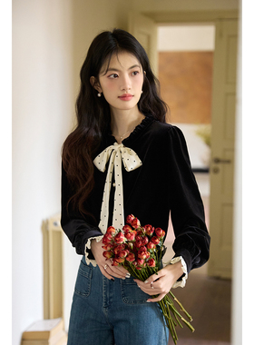 弥古黑色丝绒衬衫长袖女2025新款秋冬法式波点绑带蝴蝶结打底衬衣
