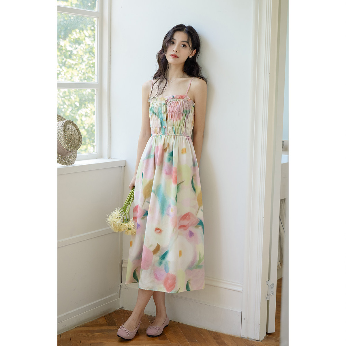 弥古法式油画碎花连衣裙女气质吊带裙修身夏季长裙海边度假沙滩裙