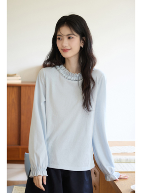 弥古法式木耳边花边领打底衫蓝色圆领长袖t恤女2025秋冬内搭上衣