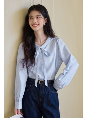 弥古法式蝴蝶结蓝色条纹衬衫女长袖上衣2025年秋冬内搭泡泡袖衬衣