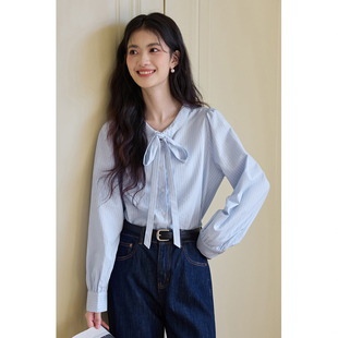 弥古法式蝴蝶结蓝色条纹衬衫女长袖上衣春季内搭泡泡袖含亚麻衬衣