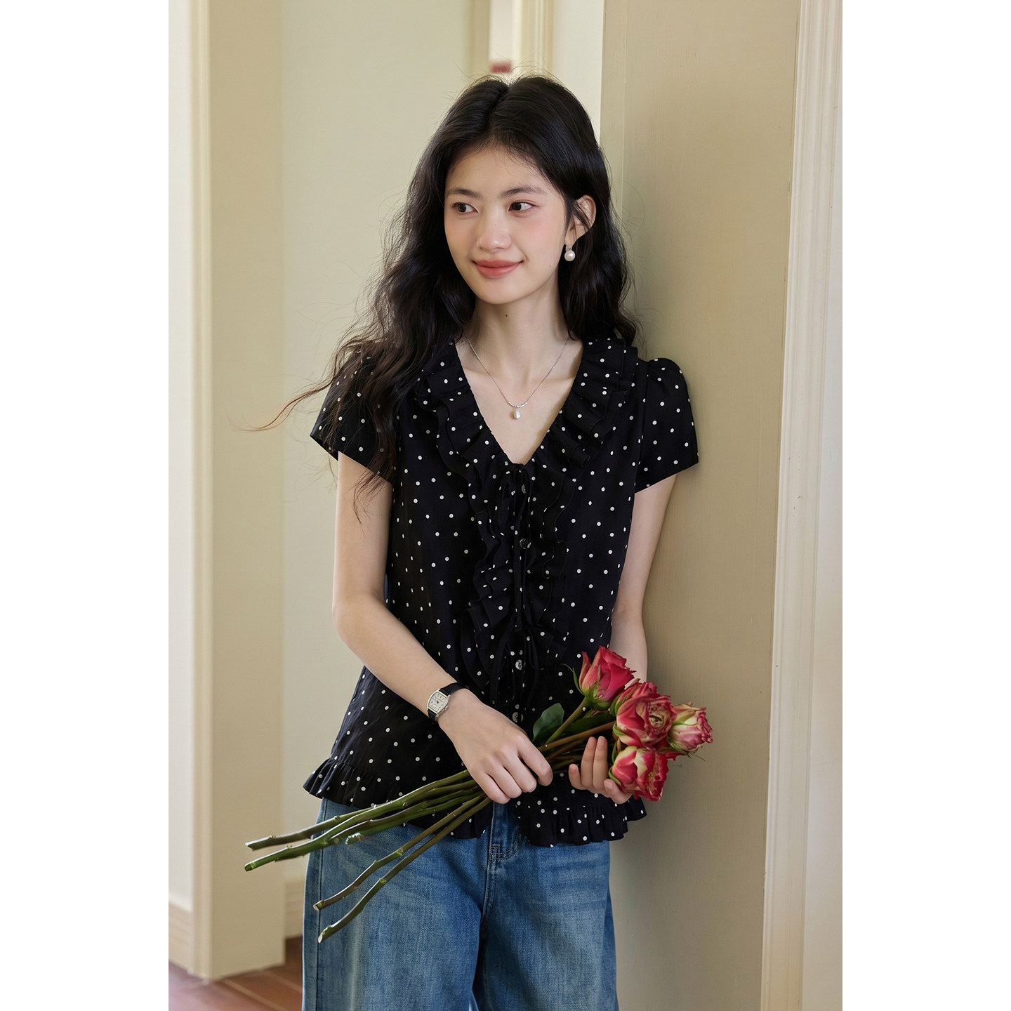 弥古黑色波点短袖衬衫上衣女设计感宽松法式娃娃衬衣2026夏季新款