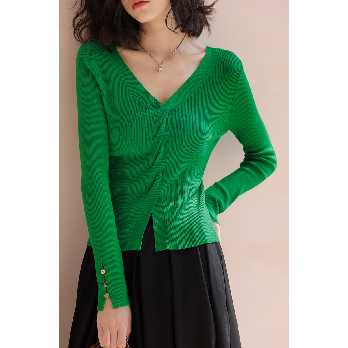 弥古绿色天丝针织衫上衣女设计感小众春季叠穿内搭打底毛衫高级感