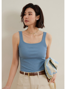 弥古蓝色吊带针织带胸垫背心女内搭春秋修身黑色无袖打底短款上衣