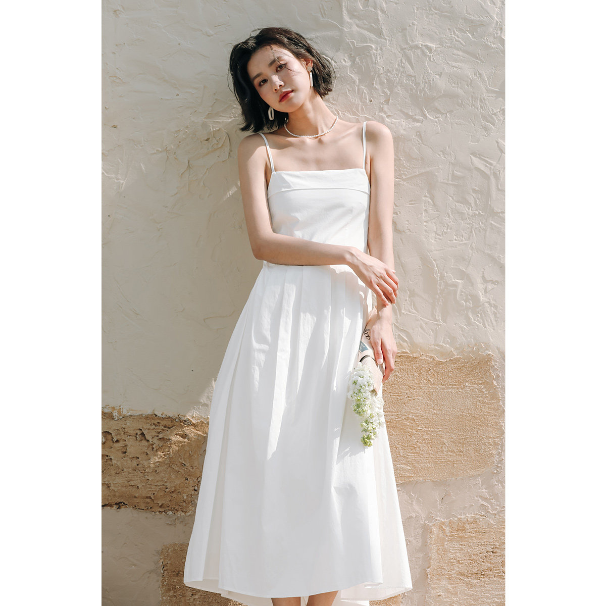 弥古白色抹胸吊带连衣裙女夏高级感纯棉裙子法式小白裙海边沙滩裙