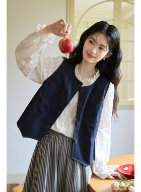 弥古复古工装牛仔马甲女2025秋冬叠穿蓝色短款马夹背心小个子上衣